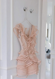 Pink A Line V Neck Ruffle Layered Tulle Short Homecoming Dress Outfits HZ1023