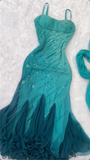Blue Ombre Mermaid Spaghetti Strap Beaded Sequin Chiffon Prom Dress Graduation Prom Dress HZ1023
