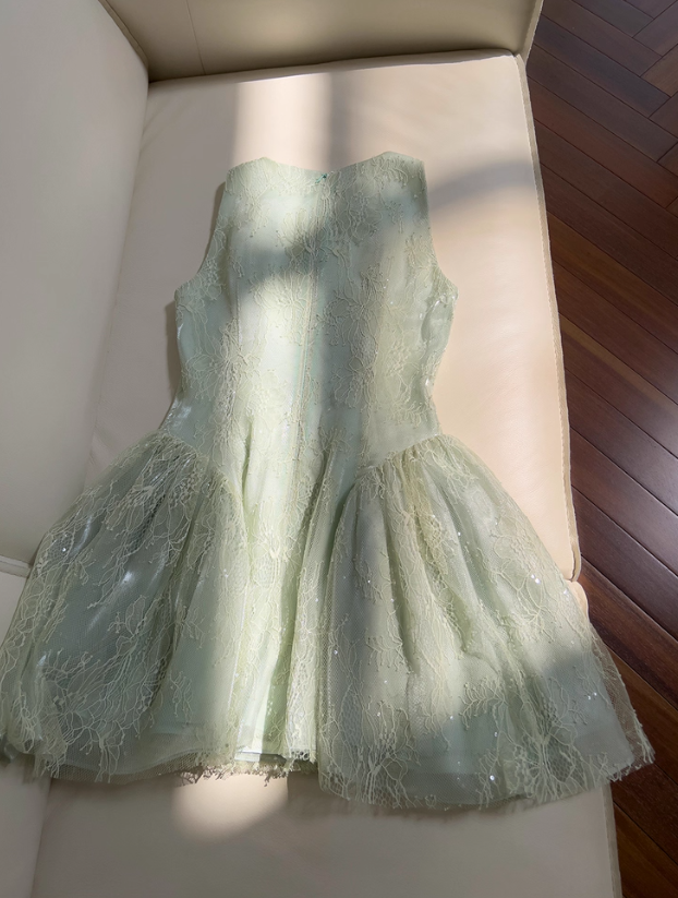 Green A Line Round Neck Lace Tulle Short Homecoming Dress HZ1023