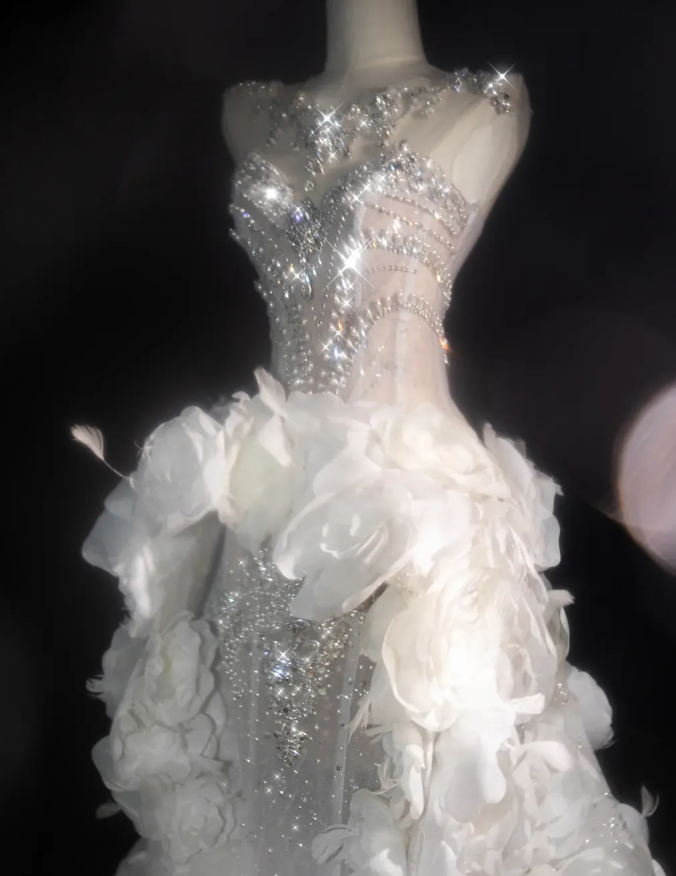 White Flower Exquisite Mermaid Rhinestone Tulle Strapless Prom Dress Evening Dress Party Dress HZ1023