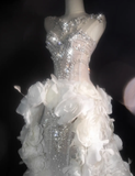 White Flower Exquisite Mermaid Rhinestone Tulle Strapless Prom Dress Evening Dress Party Dress HZ1023
