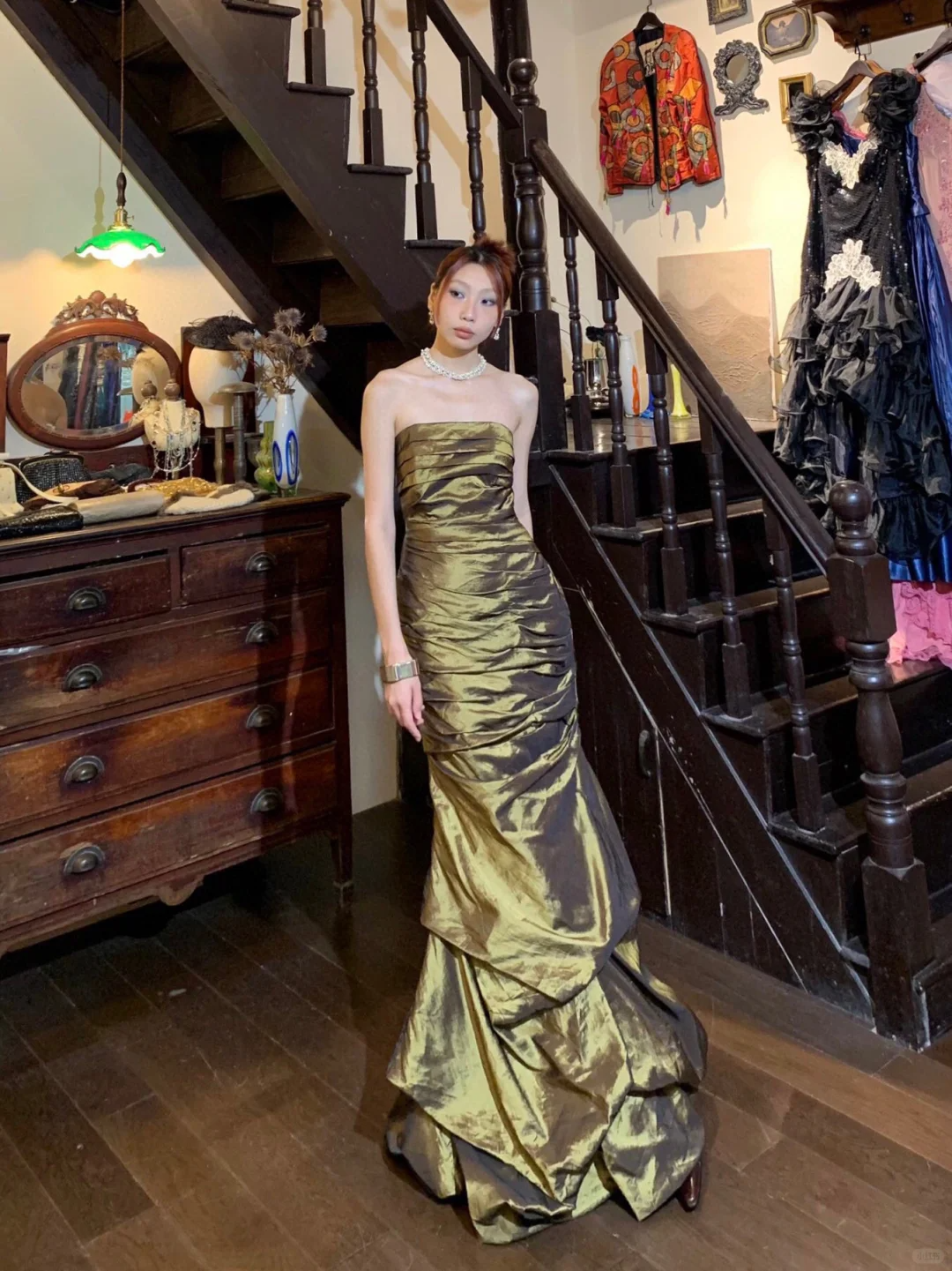 Vintage Mermaid Strapless Pleated Green Satin Prom Dress Evening Dress HZ1023