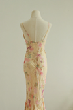 Retro Print Floral Mermaid Spaghetti Strap Beaded Chiffon Prom Dress Evening Dress HZ1023