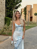 Elegant Blue Print Floral Mermaid Spaghetti Strap Satin Long Party Dress Cocktail Dress HZ1023