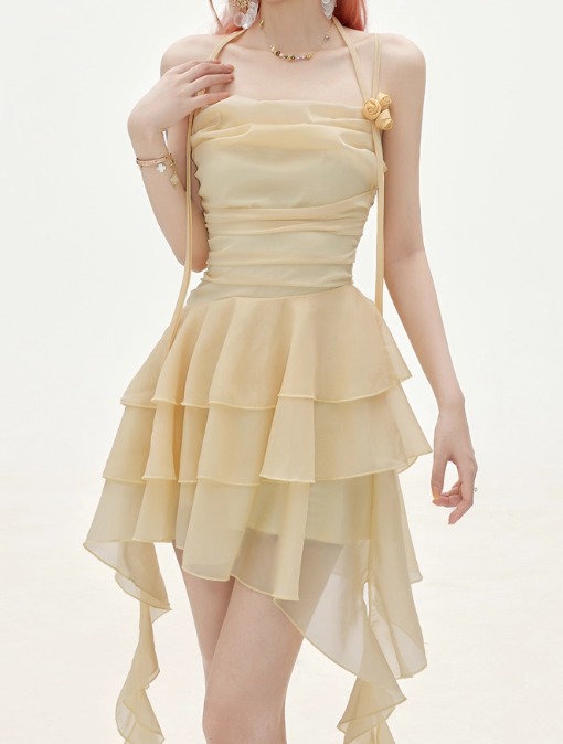 Flowy A Line Halter Layered Yellow Chiffon Open Back Short Homecoming Dress Cocktail Dress HZ1023