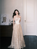 A Line Sweetheart Neck Champagne Satin Sequin Prom Dress Party Dresses HZ1023