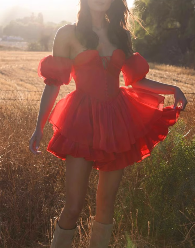 Charming Red A Line Puff Layered Chiffon Short Homecoming Dress Vacation Dress HZ1023