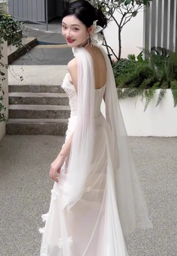 White Sheath Strapless Floral Pleated Tulle Long Prom Dress Wedding Dress HZ1023