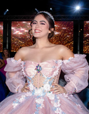 Romantic Poofy Pink Floral Wedding Dresses Off the Shoulder Ball Gown Quinceanera Dress HZ1023