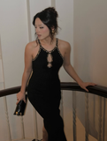 Sexy Black Sheath Straps Beaded Satin Long Party Dress Cocktail Dress Date Dress HZ1023