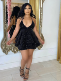 Sexy V-Neck Halter Pink Short Homecoming Dress Sequins Party Dress HZ1023