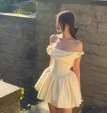 Cute A Line Off the Shoulder Ivory Satin Short Homecoming Dress Birthday Dress HZ1023