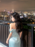 Baby Blue A Line Off the Shoulder Sequin Satin Long Prom Dress Graduation Prom Dress HZ1023