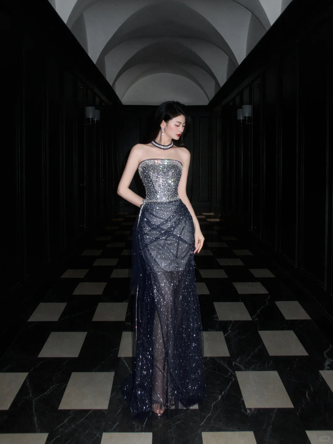 Shiny Grey A Line Strapless Rhinestone Tulle Long Prom Dress Party Dress HZ1023