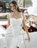 White Mermaid Ruffle Straps Satin Long Prom Dress Vacation Dress Party Dress HZ1023