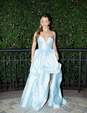 Baby Blue A Line V Neck Satin Short Long Prom Dress Evening Dress HZ1023