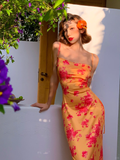 Sexy Sheath Spaghetti Straps Orange Print Floral Satin Long Prom Dress Outfits HZ1023