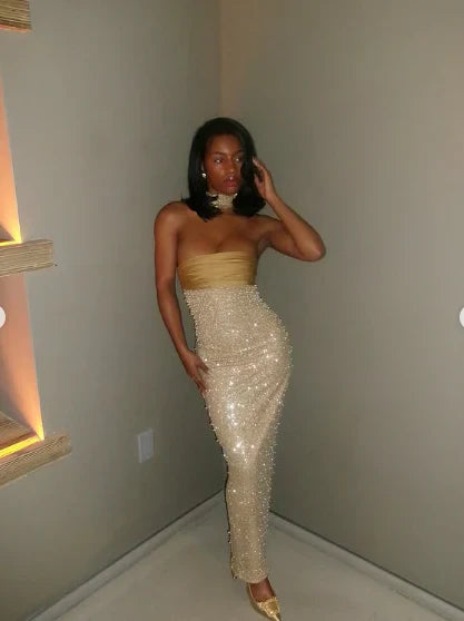 Shiny Sheath Strapless Long Yellow Sequin Satin Party Dresses Prom Dresses HZ1023