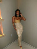 Shiny Sheath Strapless Long Yellow Sequin Satin Party Dresses Prom Dresses HZ1023