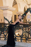 Black Mermaid Velvet Open Back Long Prom Dress Wedding Guest Dress HZ1023