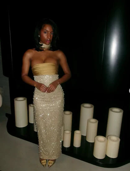 Shiny Sheath Strapless Long Yellow Sequin Satin Party Dresses Prom Dresses HZ1023