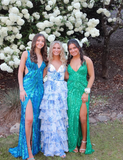 A Line Spaghetti Straps Tiered Chiffon Satin Long Prom Dress Evening Dress HZ1023