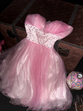 Cute A Line Sweetheart Neck Beaded Pink Tulle Satin Short Homecoming Dress Cocktail Dress HZ1023
