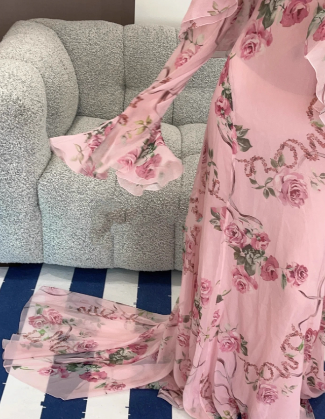 Flowy Pink A Line Spaghetti Strap Print Floral Chiffon Open Back Prom Dress Vacation Dress HZ1023