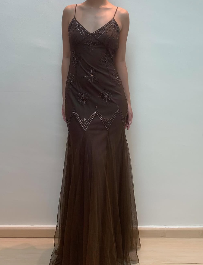 Vintage Mermaid Spaghetti Strap Sequins Brown Chiffon Prom Dress Evening Dress HZ1023