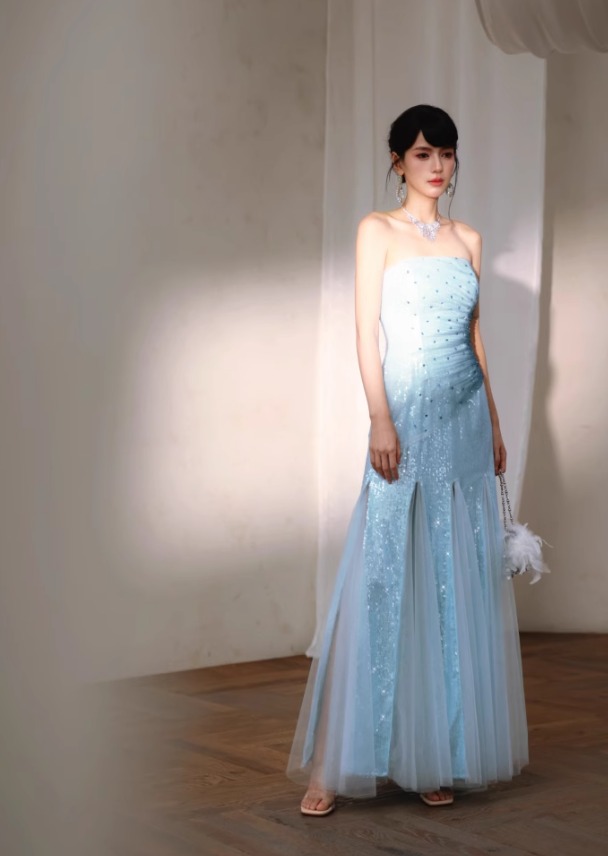 Blue Classy A Line Strapless Sequin Tulle Long Evening Dress Gown Dress HZ1023