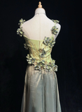 Vintage Green A Line Spaghetti Straps Beaded 3D Flower Satin Prom Dress Evening Dress HZ1023