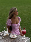 Romantic A Line Off the Shoulder Pink Print Floral Satin Vacation Dress Outfits with Slit HZ1023
