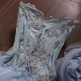 Baby Blue Dreamy A Line Sweetheart Neck Lace Ruffle Chiffon Evening Dress Party Dress HZ1023