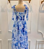 Blue Flower A Line Straps Chiffon Long Prom Dress with Slit HZ1023