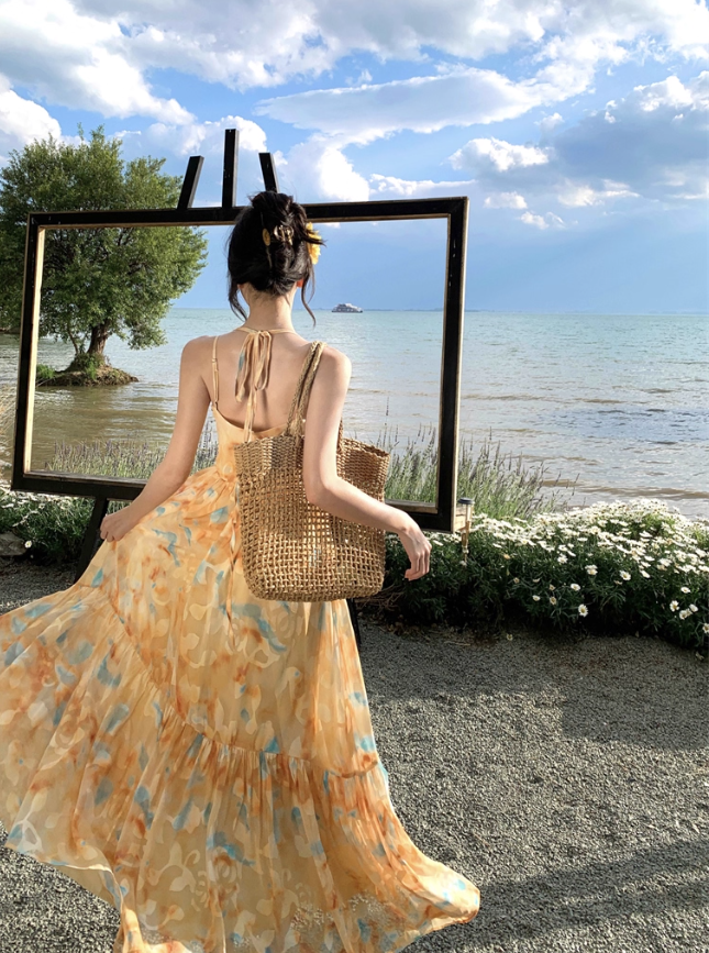 Flowy A Line Spaghetti Strap Floral Yellow Chiffon Prom Dress Vacation Dress HZ1023