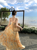 Flowy A Line Spaghetti Strap Floral Yellow Chiffon Prom Dress Vacation Dress HZ1023
