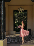 Pink Vintage A Line Halter Print Floral Chiffon Short Homecoming Dress Outfits HZ1023