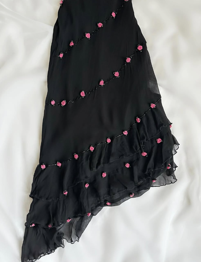 Vintage Blue Floral Black Beaded Ruffles Chiffon Prom Dress Evening Party Gowns HZ1023