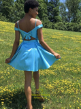 Spaghetti Strap Blue V Neck Back Satin Short Prom Dress With Bow HZ1023