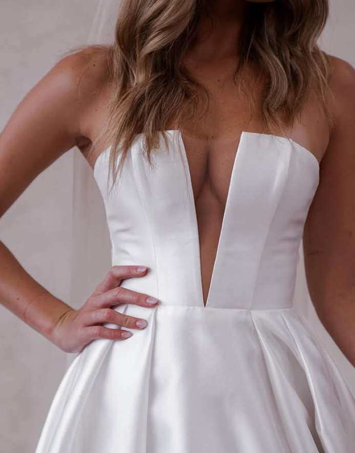 A Line Deep V Neck Satin Long Sweep Wedding Dress Prom Dress with Slit HZ1023