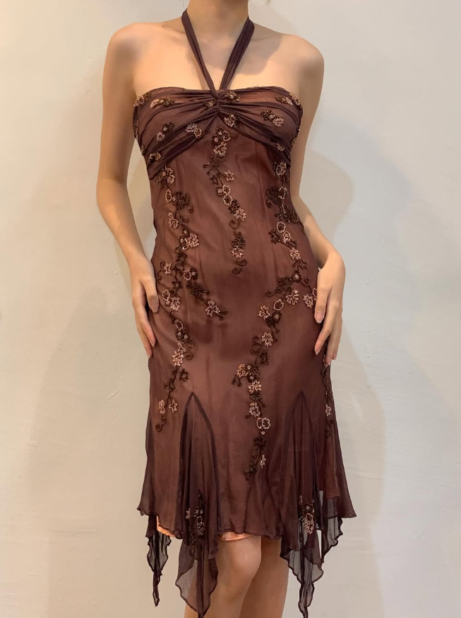 Vintage Sheath Halter Beaded Brown Chiffon Short Homecoming Dress Evening Dress HZ1023