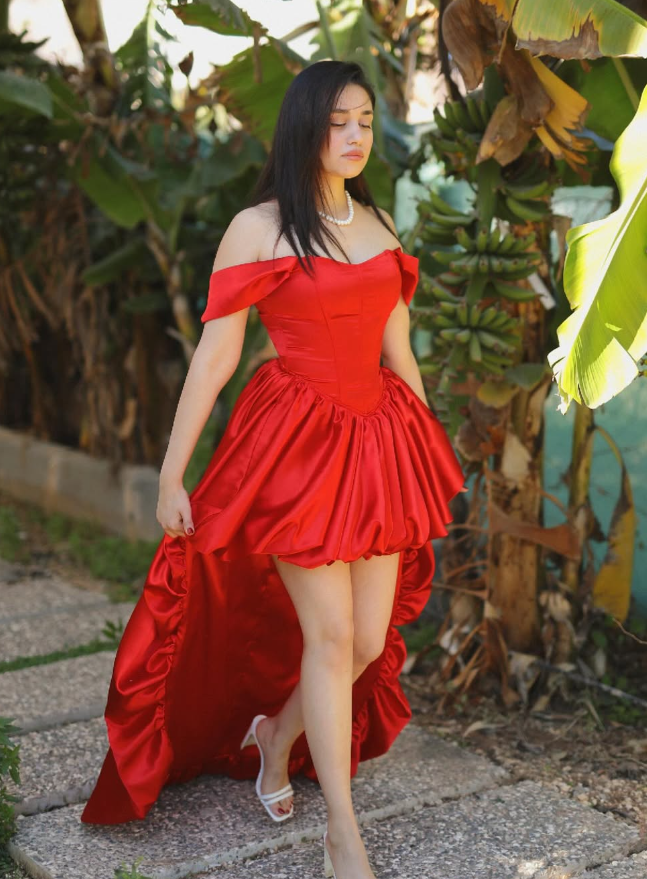 Sexy A Line Off the Shoulder Corset Red Satin Long Short Prom Dress Evening Dress HZ1023