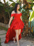 Sexy A Line Off the Shoulder Corset Red Satin Long Short Prom Dress Evening Dress HZ1023