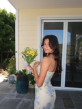 Retro Blue Print Floral Strapless Satin Long Outfit Party Dress 18 Birthday Dress HZ1023