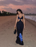 Black A Line Spaghetti Strap Print Floral Satin Open Back Prom Dress Evening Dress HZ1023