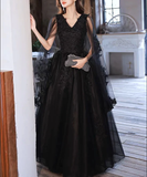Black V neck Tulle Lace Long Prom Dresses, Elegant Formal Evening Dresses HZ1023