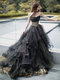 Black Strapless Tulle Princess Ball Gown Long Prom Dress Quinceanera Dress HZ1023