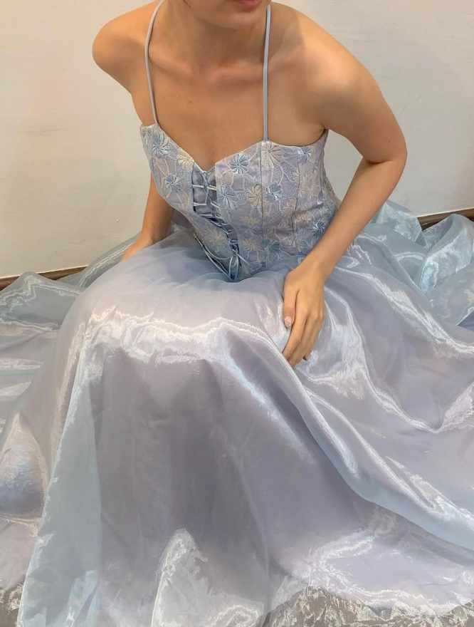 Blue A Line Spaghetti Strap Embroidered Tulle Satin Prom Dress Evening Dress HZ1023