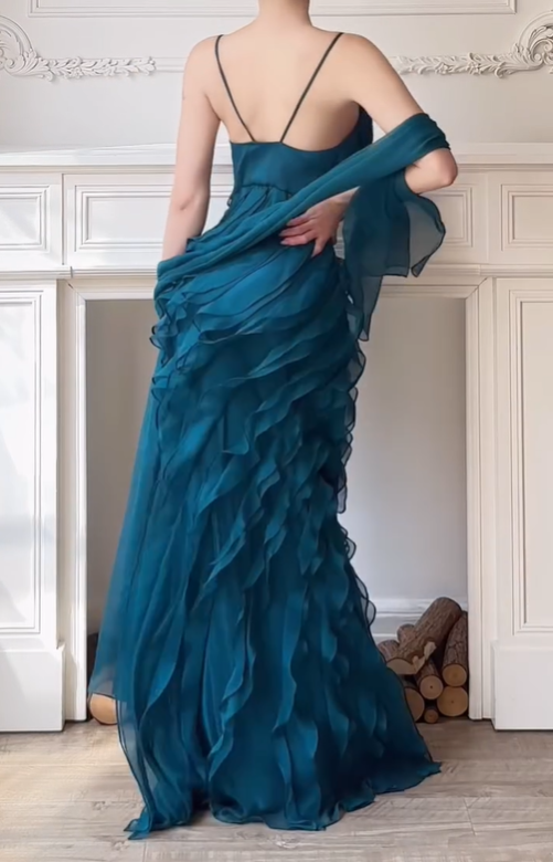 Peacock Blue Vintage Mermaid Spaghetti Strap Beaded Layered Chiffon Party Dress Prom Dress HZ1023