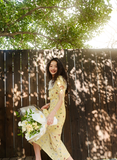 Cute A Line Puff Print Floral Lace Yellow Chiffon Summer Dress Party Dress Outfits HZ1023